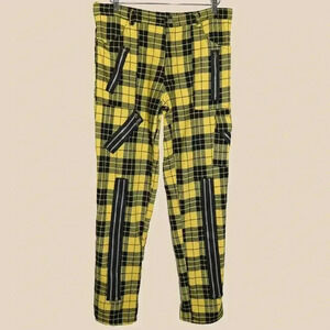 Vintage Mens Yellow Black Plaid Mid Rise‎ Fall Winter Punk Pants Size 36W 32L